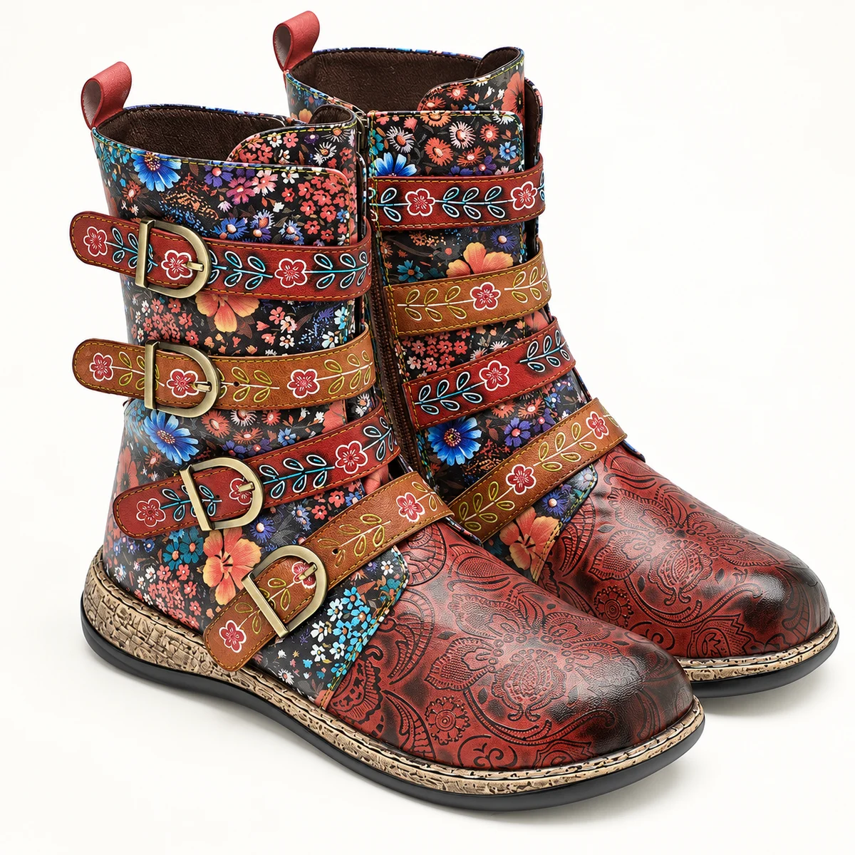 Bottines femme multicolores à trois boucles dans style rétro