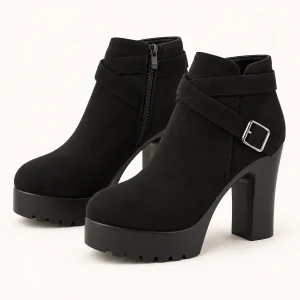 Bottines femme noires à boucle avec plateforme et talon haut élégantes