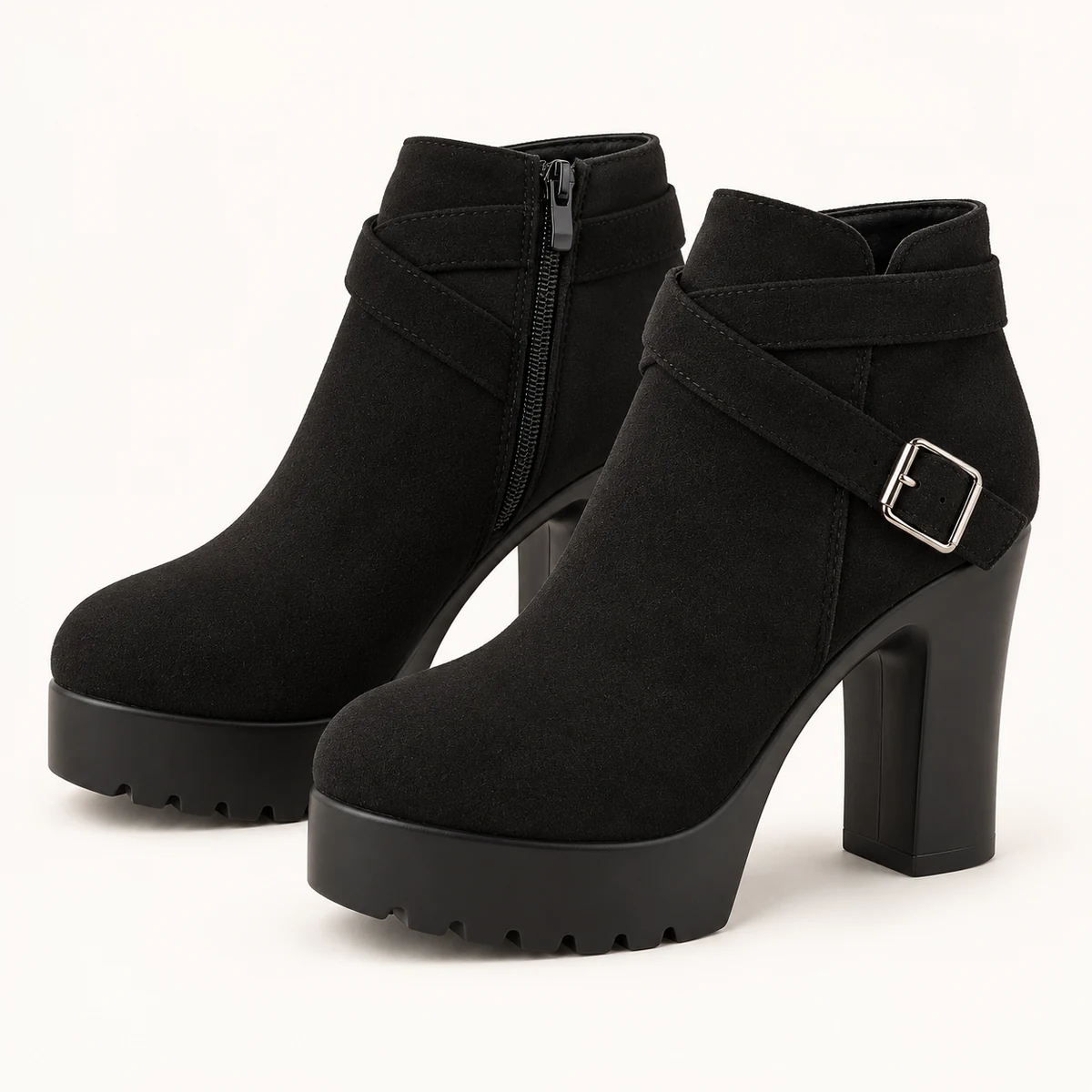 Bottines femme noires à boucle avec plateforme et talon haut élégantes