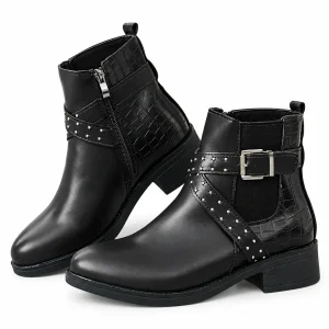 Bottines femme noires à boucles et clous décoratifs pour look tendance