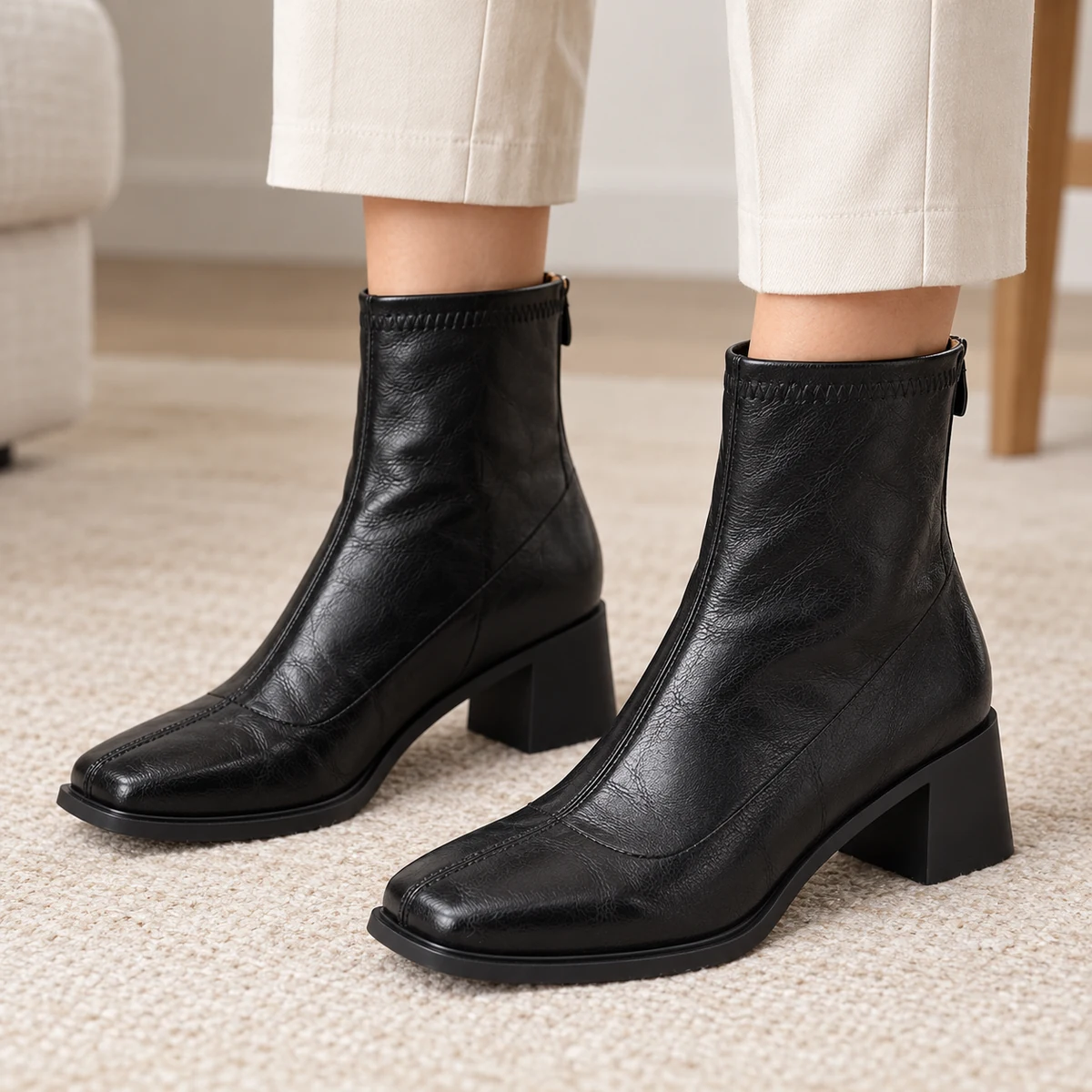 Chaussures femme noires à bout carré et talon épais idéale pour la mode automnale