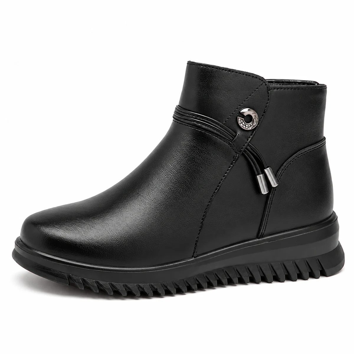 Vue de face des bottines femme noires avec bride ornementale et fermeture éclair