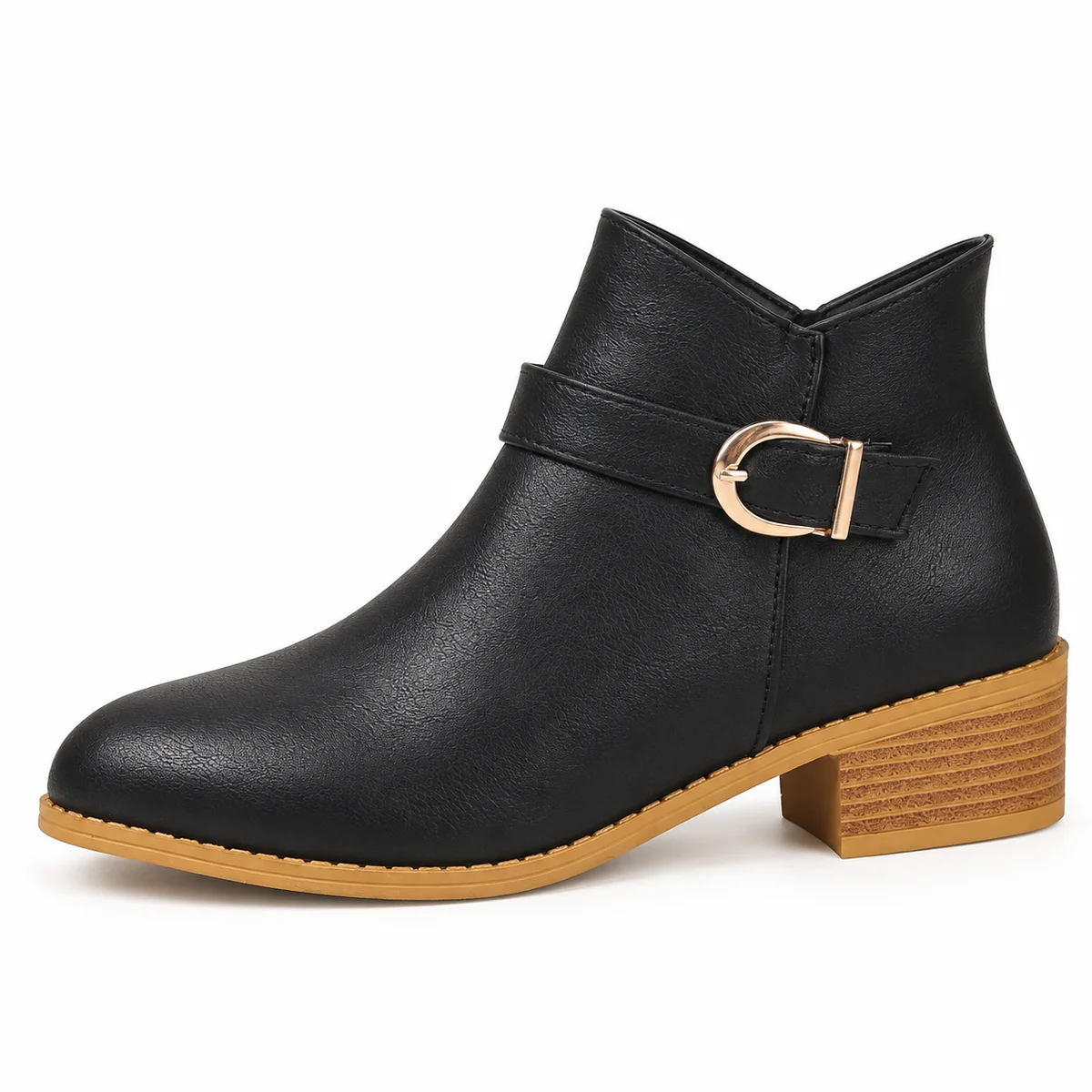 Vue de face des bottines femme noires à bride fine avec boucle dorée chic