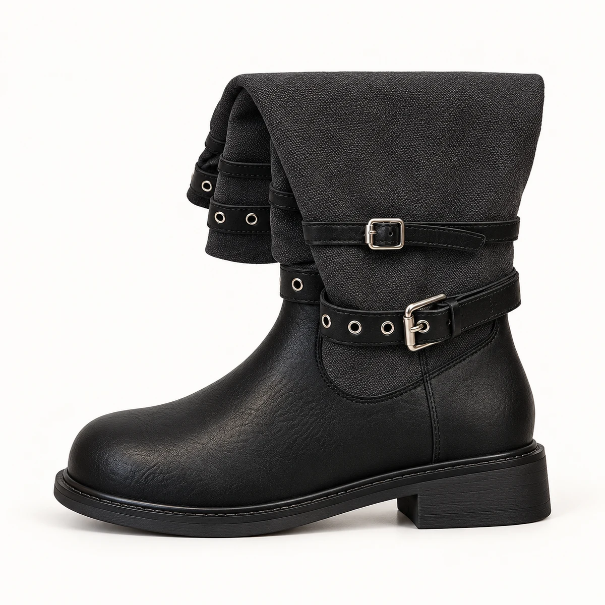 Chaussures femme en cuir noir avec brides et œillets métalliques