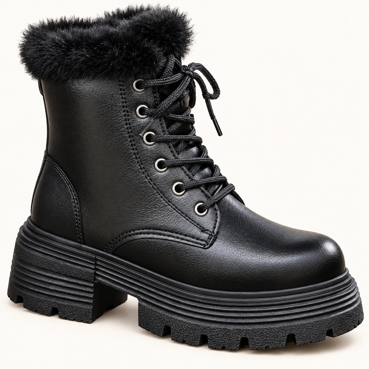 Bottines femme noires à lacets, col fourré et semelle rainurée – Image 4