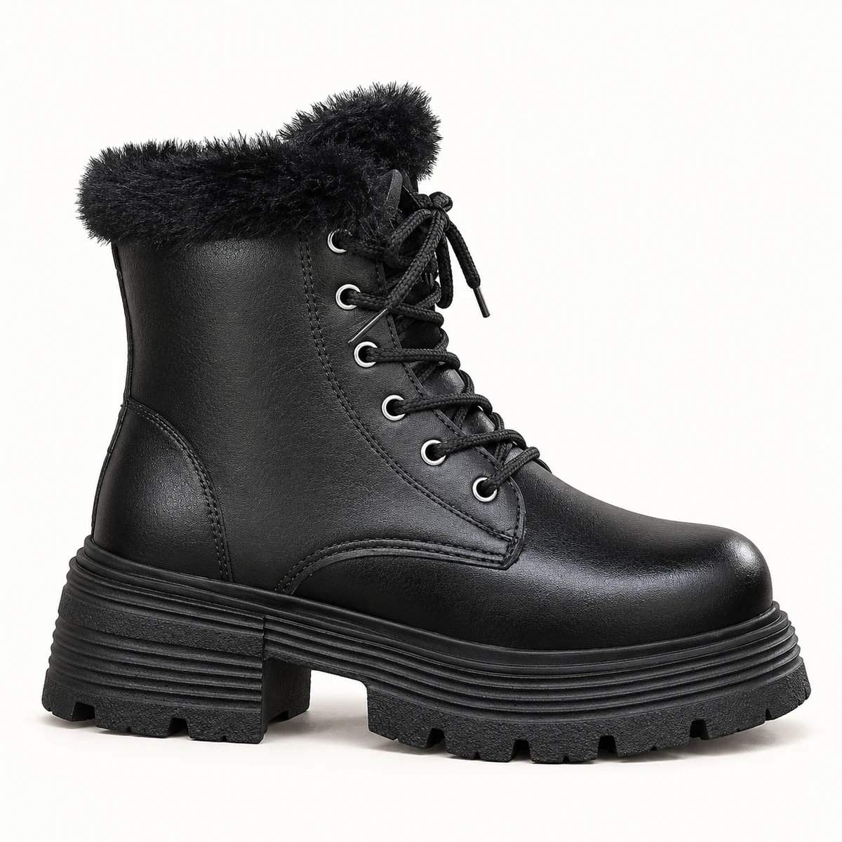 Bottines femme noires à lacets, col fourré et semelle rainurée – Image 3