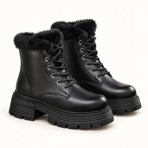 Bottines femme noires à lacets, col fourré et semelle rainurée