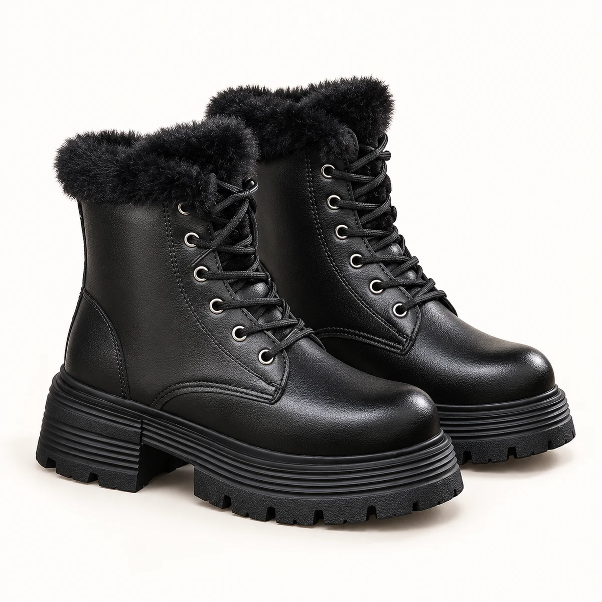 Bottines femme noires à lacets, col fourré et semelle rainurée