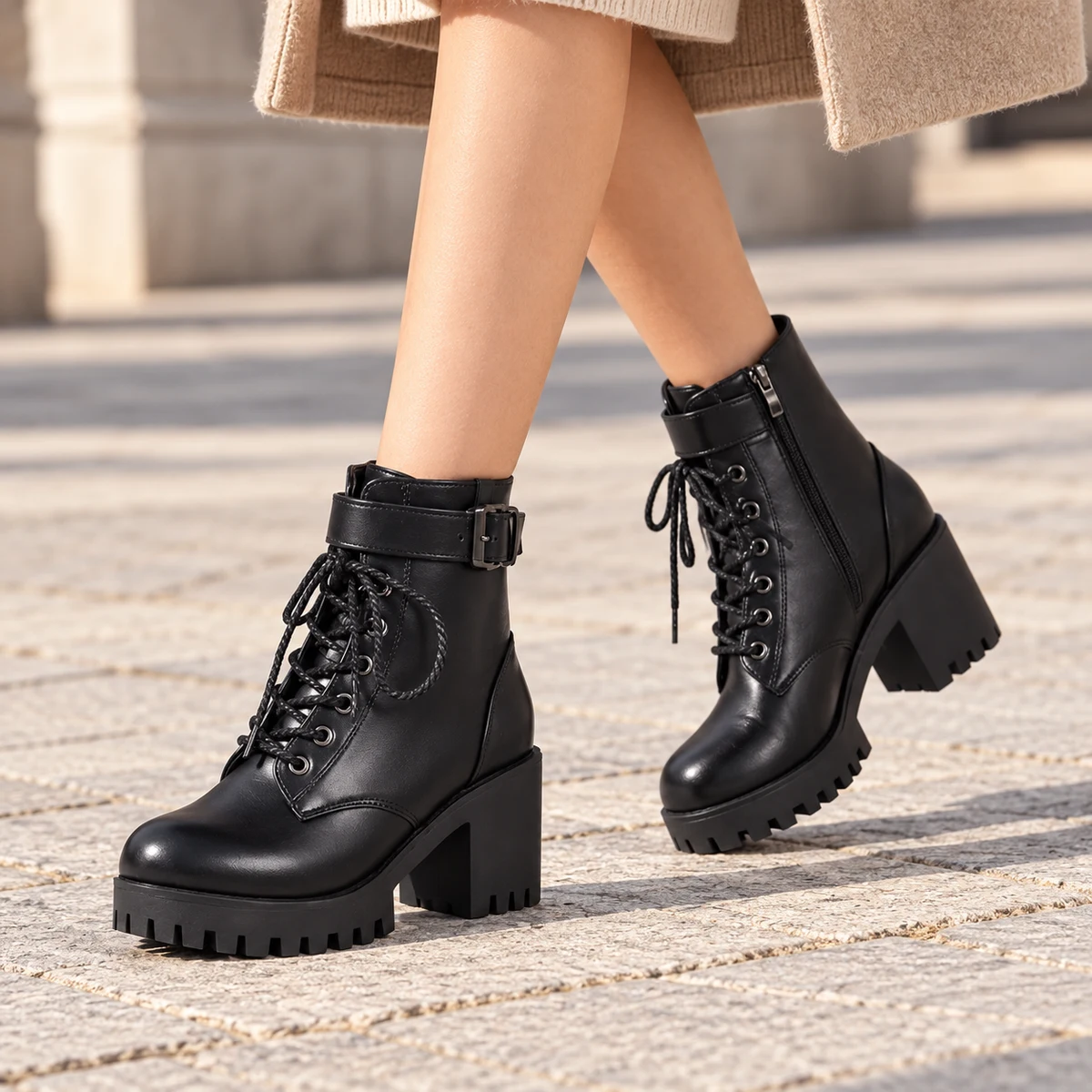 Zoom sur les bottines femme noires à lacets et talon carré cranté élégantes