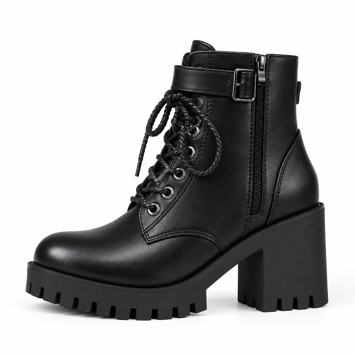 Vue de face des bottines femme noires à lacets avec talon carré tendance