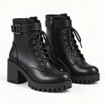 Bottines femme noires à lacets avec talon carré cranté en cuir
