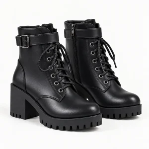 Bottines femme noires à lacets avec talon carré cranté en cuir