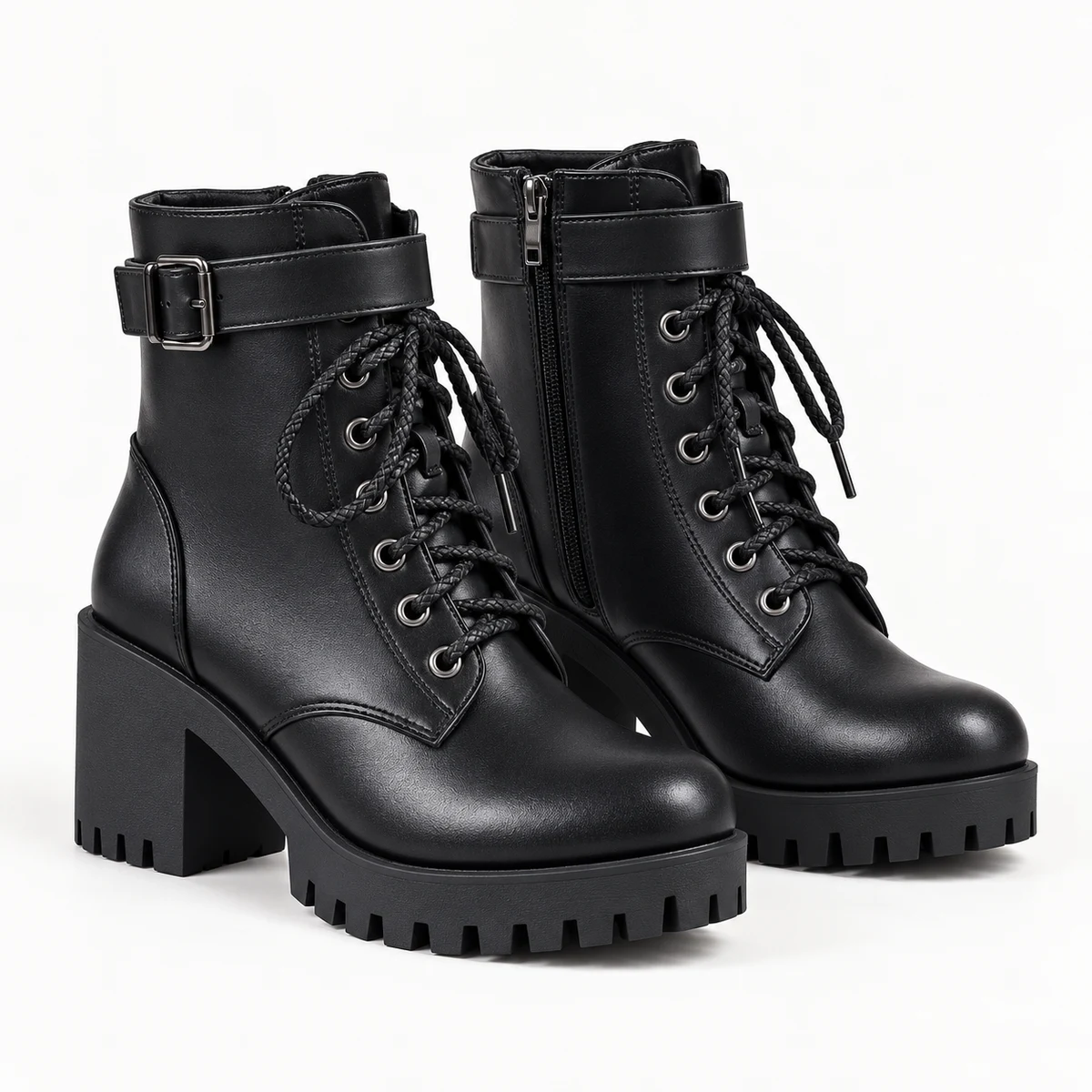 Bottines femme noires à lacets avec talon carré cranté en cuir