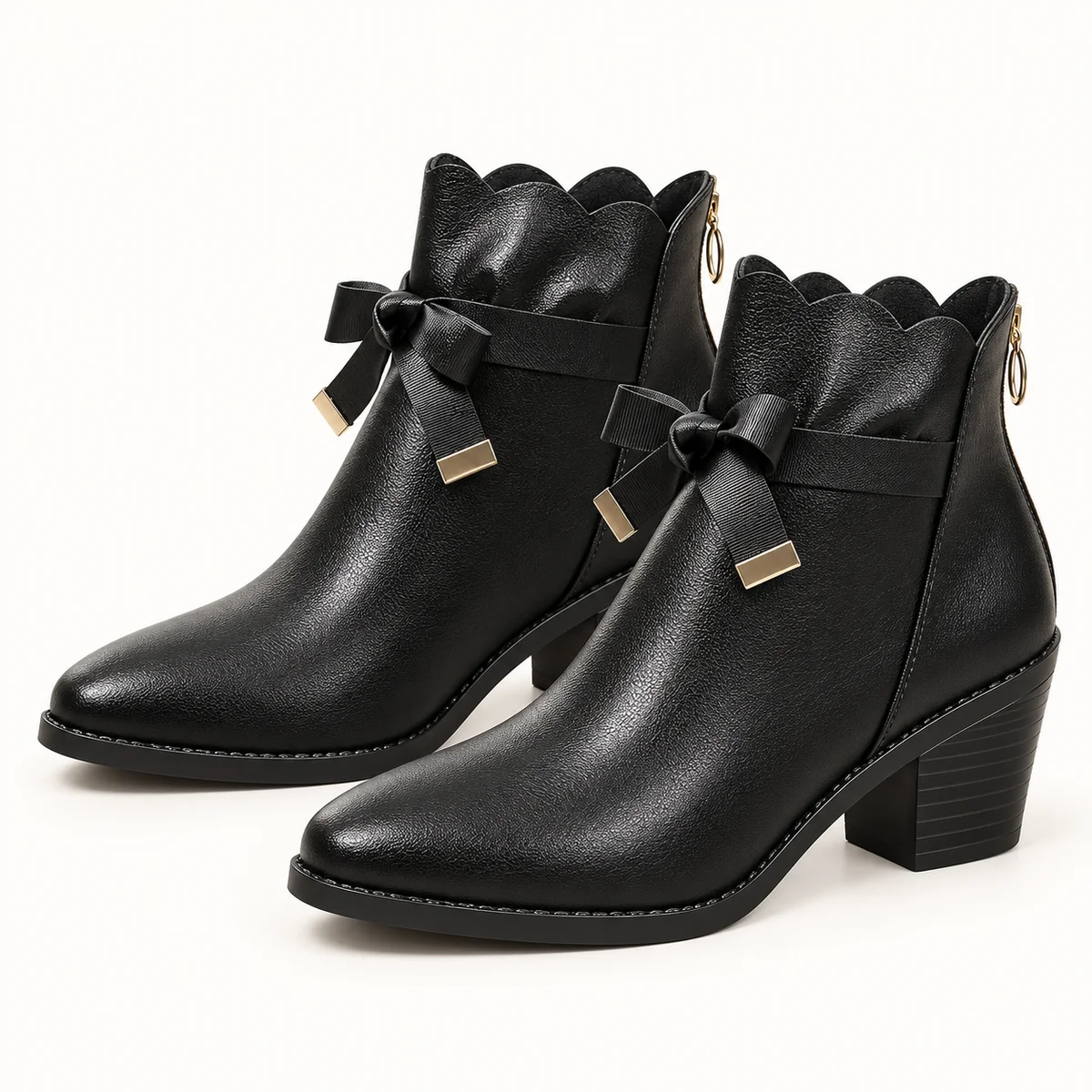 Bottines femme noires à lacets ruban et talon carré en cuir élégantes