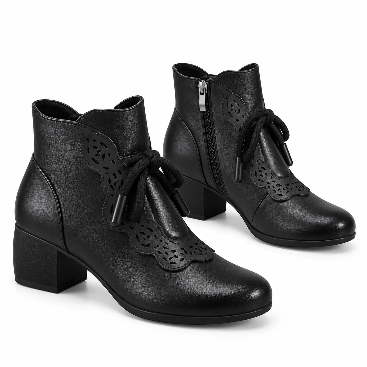 Chaussures femme noires avec nœud et talon carré, facile à enfiler