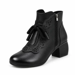 Bottines femme noires à nœud avec talon carré et zip élégant