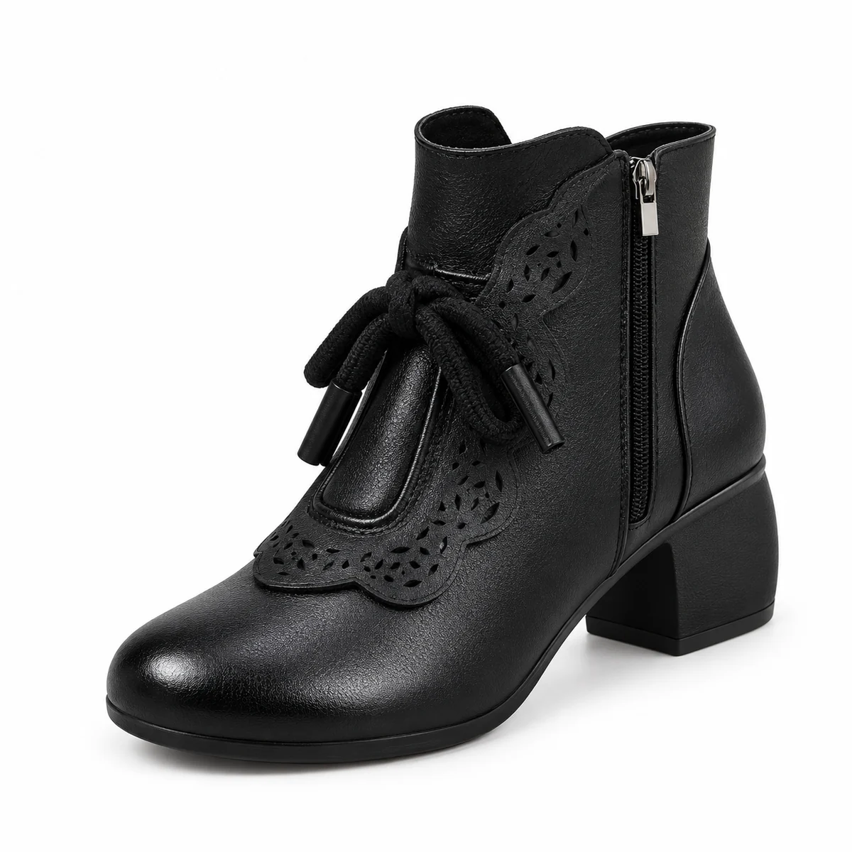 Bottines femme noires à nœud avec talon carré et zip élégant
