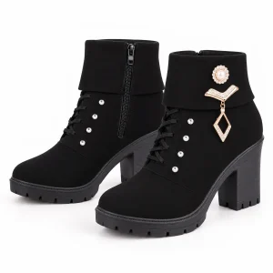 Bottines femme noires à ornements dorés avec zip élégantes