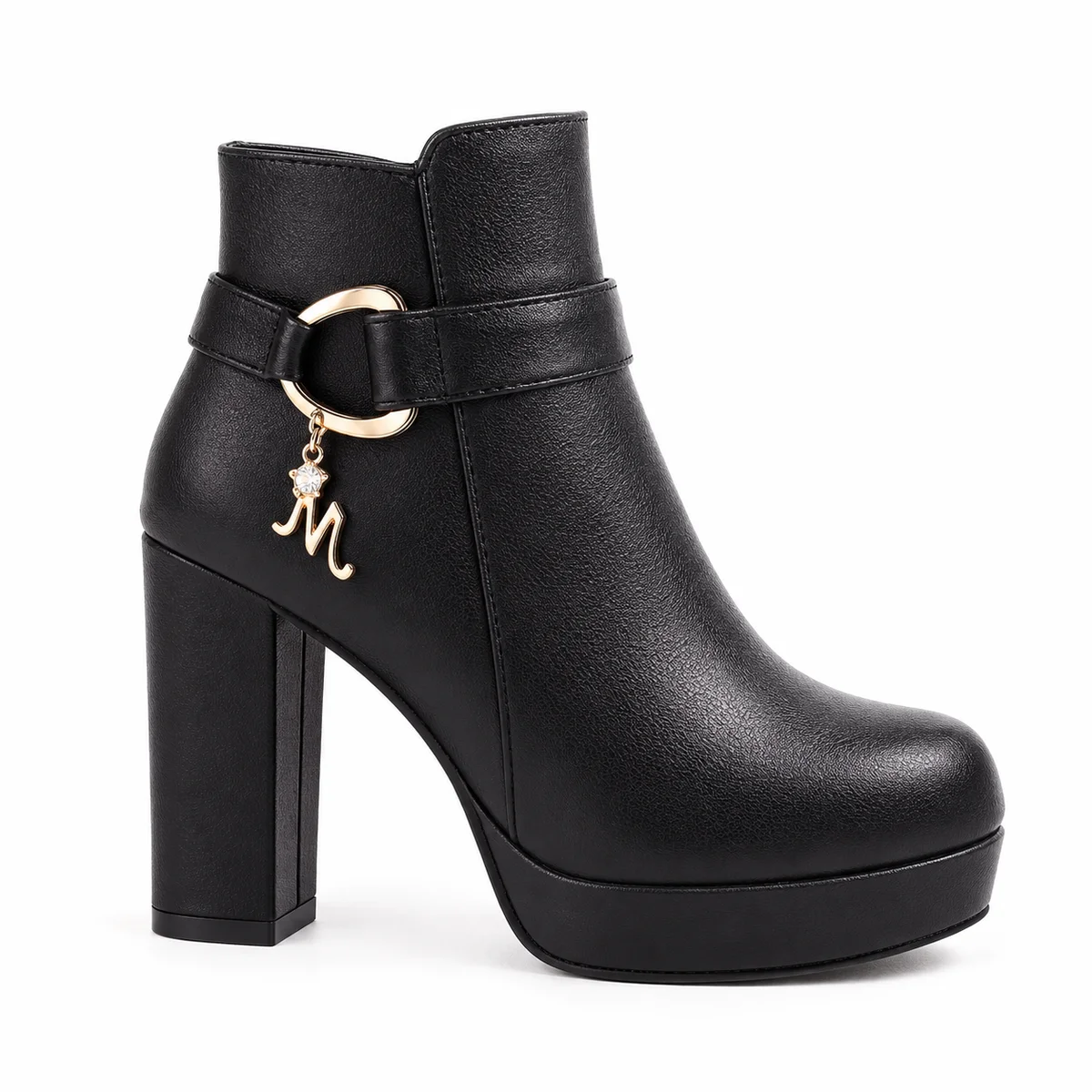 Chaussures femme bottines noires à plateforme avec anneau mode