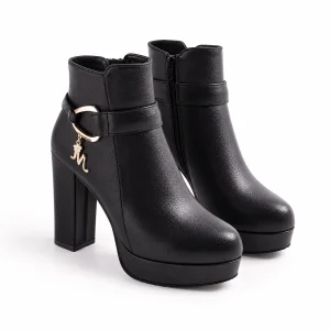 Bottines femme noires à plateforme avec anneau décoratif élégantes