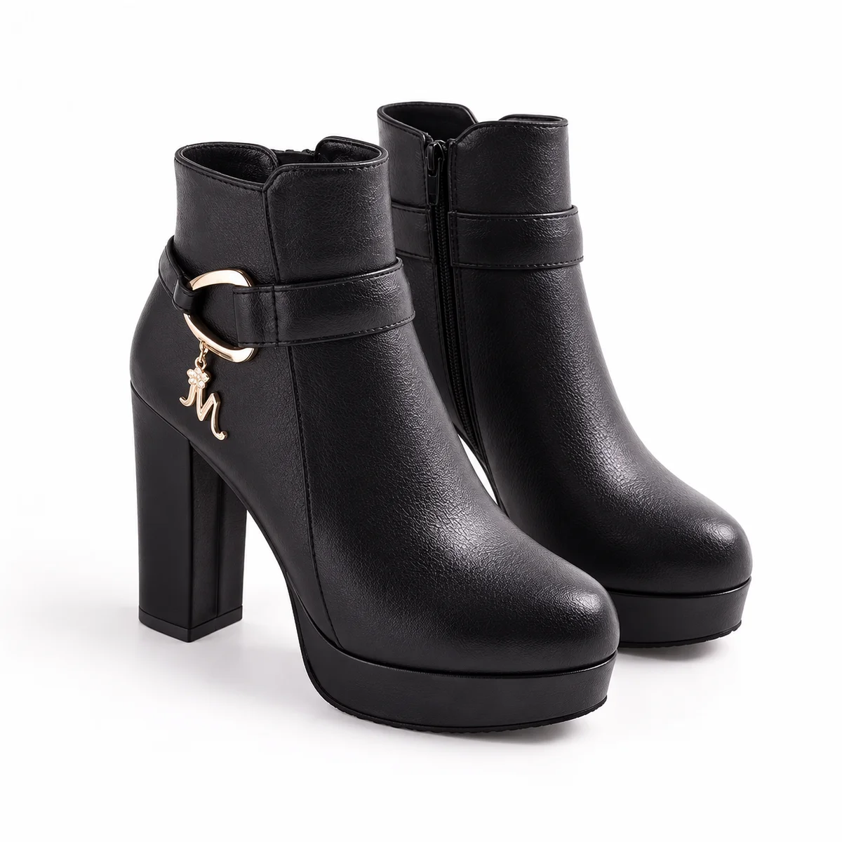 Bottines femme noires à plateforme avec anneau décoratif élégantes