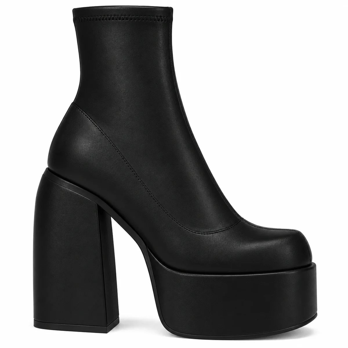 Vue de face des bottines femme noires à plateforme et talon carré