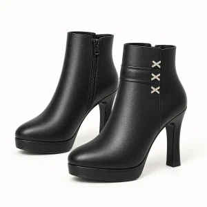 Bottines femme noires à plateforme et talon fin en cuir élégantes