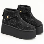 Bottines femme noires à strass avec plateforme épaisse vue de face