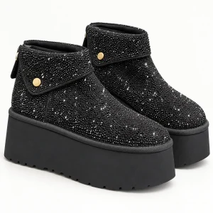 Bottines femme noires à strass avec plateforme épaisse vue de face