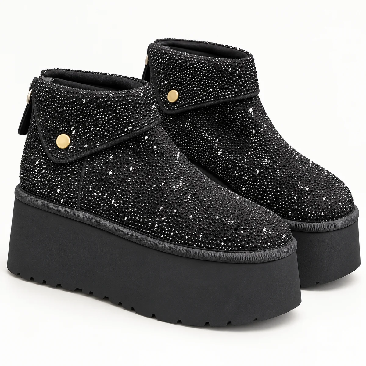 Bottines femme noires à strass avec plateforme épaisse vue de face