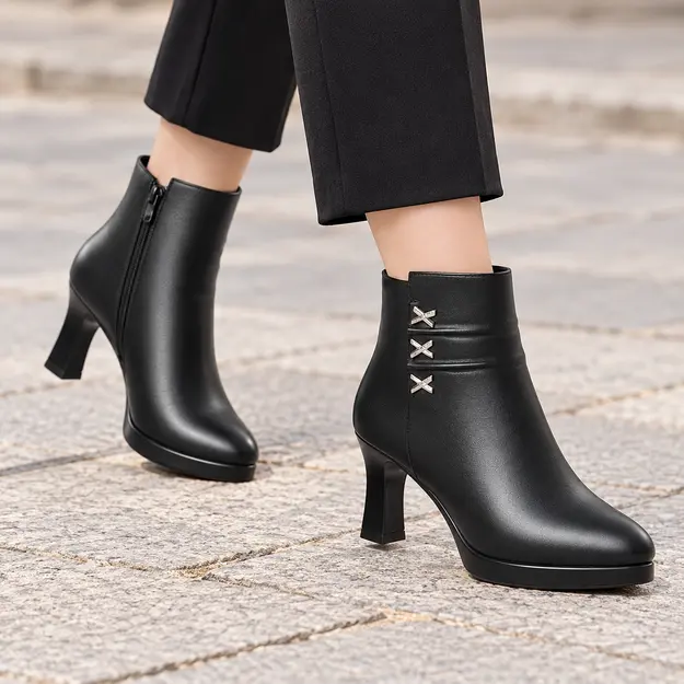 bottines femme noires a talon aiguille 7 cm portees en marchant avec un pantalon sombre 45066