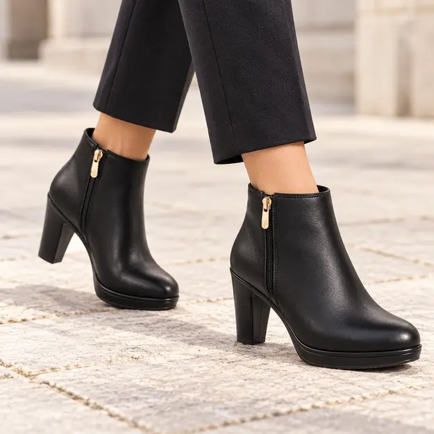 bottines femme noires a talon epais et zip portees en marchant avec un pantalon sombre 45082