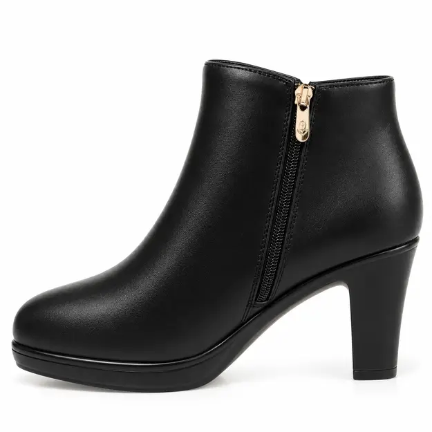 bottines femme noires a talon epais et zip vue de profil sur fond blanc 45082