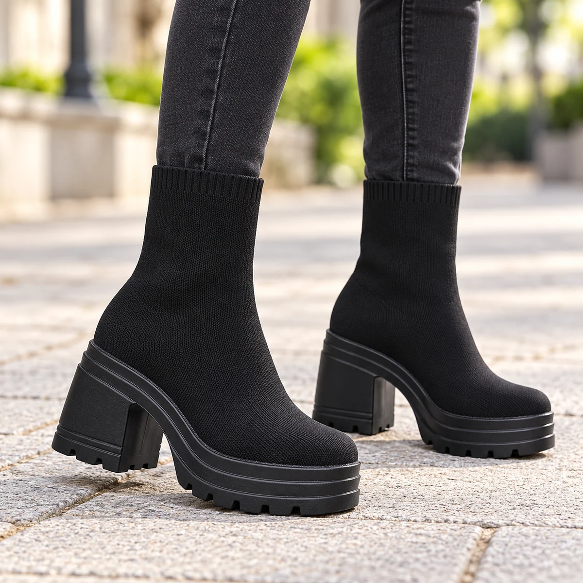 Vue latérale des bottines noires femme avec tige côtelée et semelle antidérapante