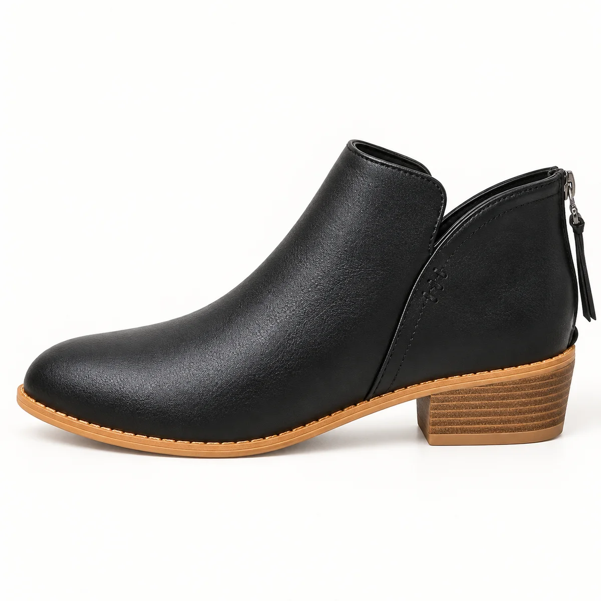 Vue latérale des bottines noires à col échancré avec zip arrière