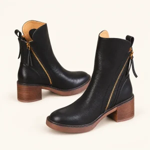 Bottines femme noires à zip oblique et talon carré en cuir élégantes