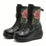 Bottines femme noires compensées à fleurs avec zip avant élégantes