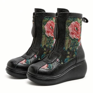 Bottines femme noires compensées à fleurs avec zip avant élégantes