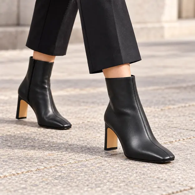 bottines femme noires doublees a talon carre portees en marchant avec un pantalon sombre 45055