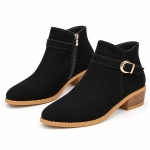 Bottines femme noires en effet daim avec bride et talon bas élégantes