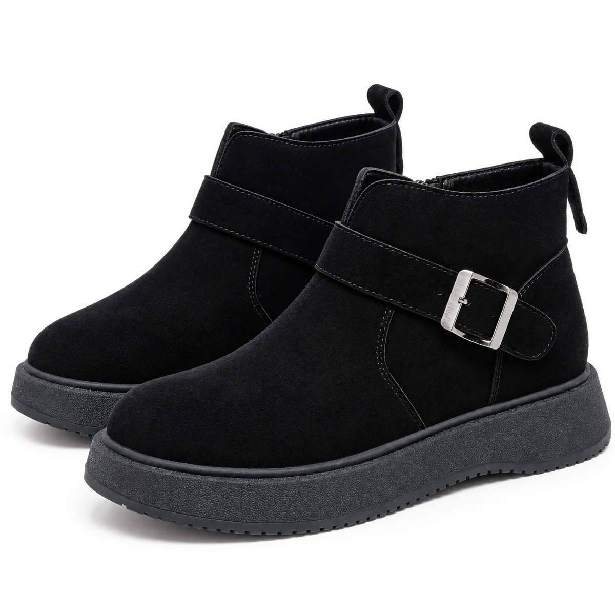 Bottines femme noires fourrées à boucle avec semelle épaisse pour hiver