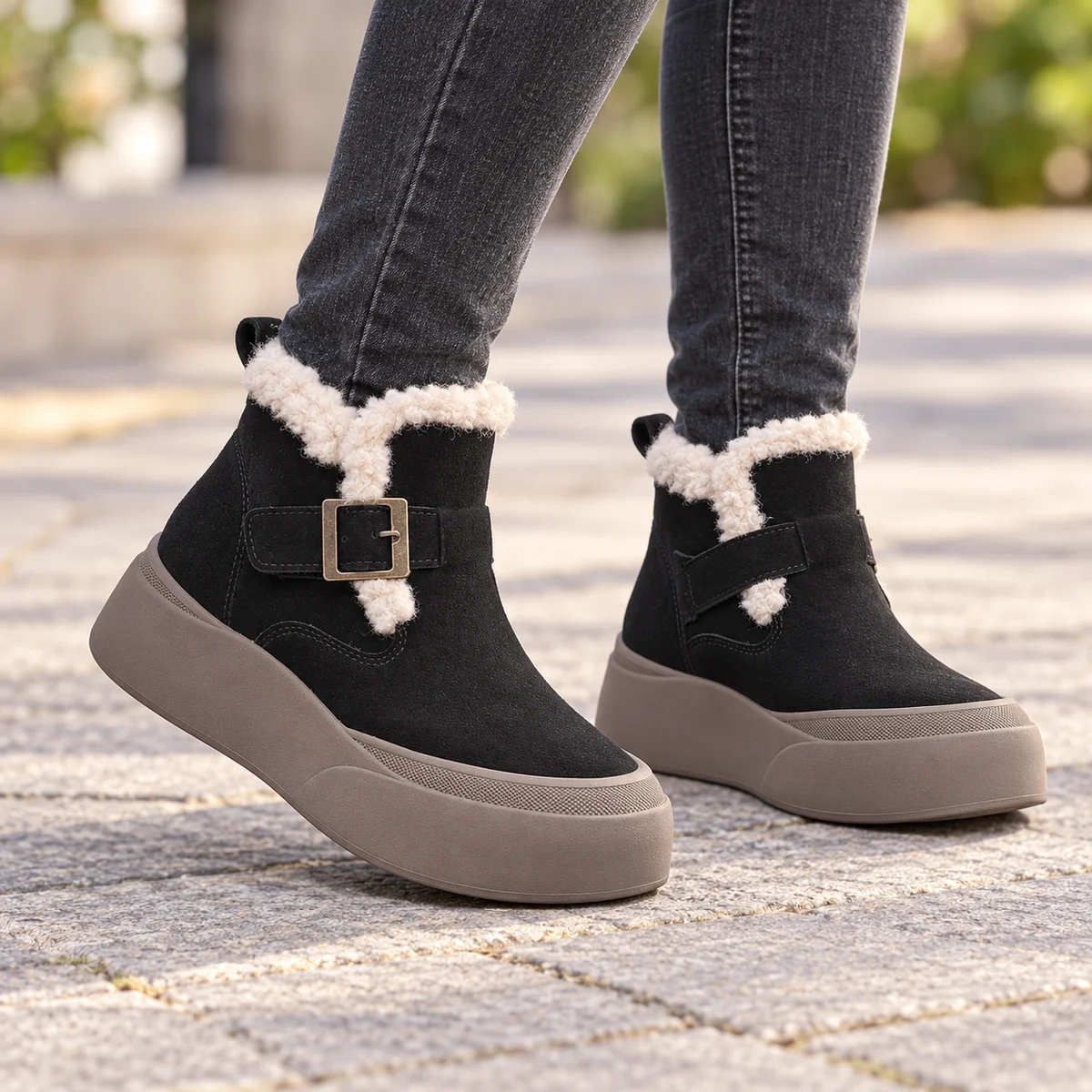 Chaussures femmes noires fourrées avec boucle et semelle taupe élégantes