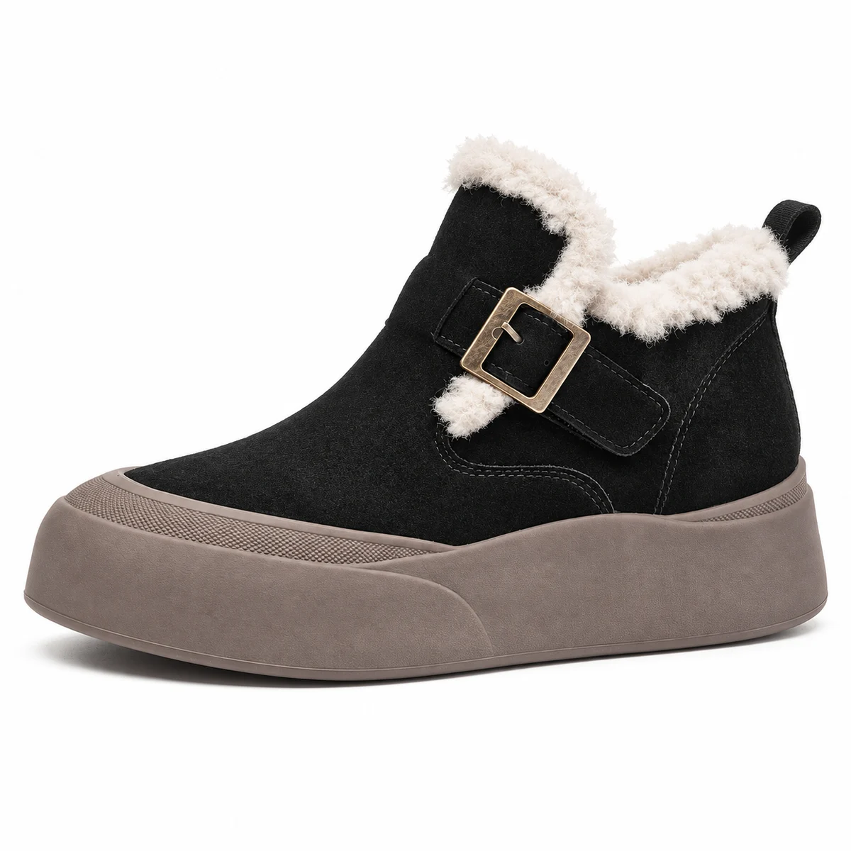 Bottines noires fourrées à boucle pour femme avec semelle taupe tendance