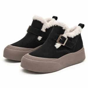 Bottines féminines noires fourrées à boucle et semelle taupe