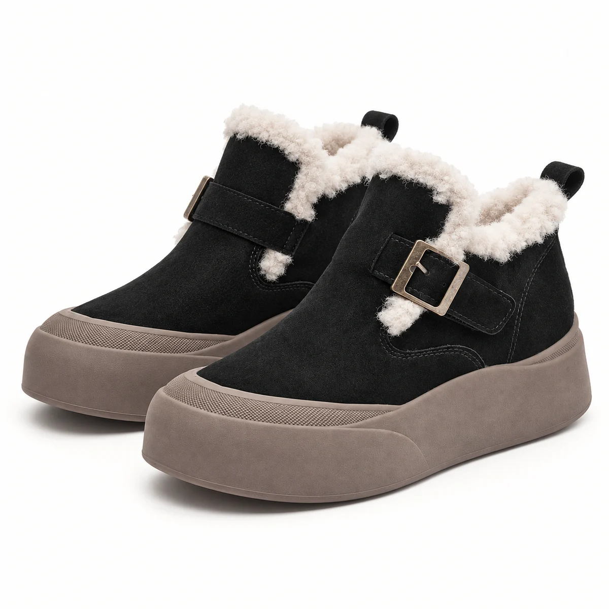 Bottines féminines noires fourrées à boucle et semelle taupe