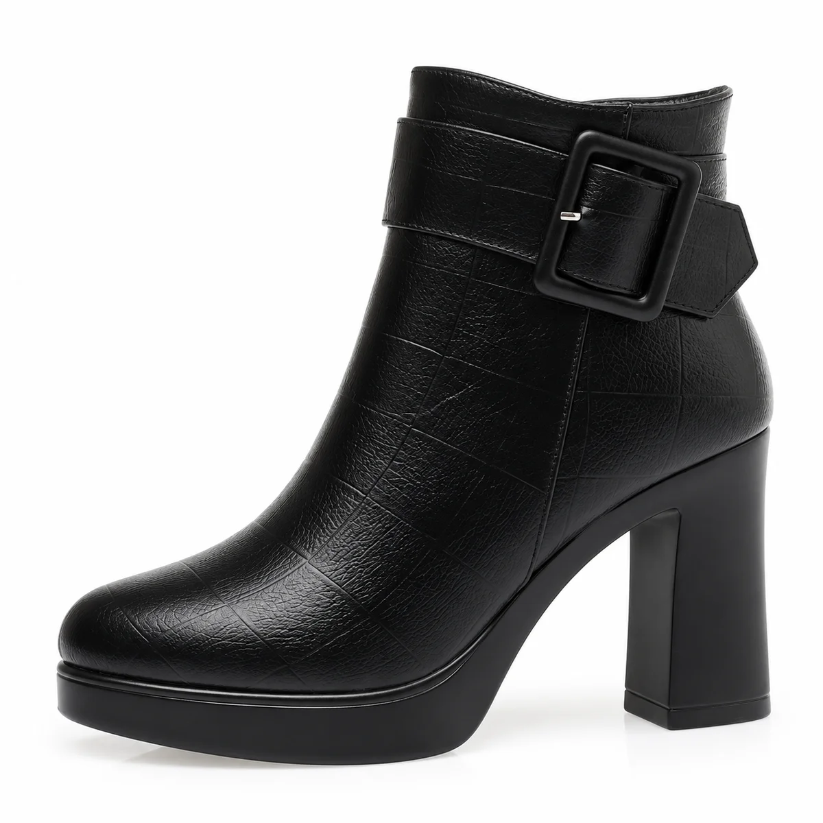 Détails des bottines femme noires fourrées avec boucle et talon carré tendance