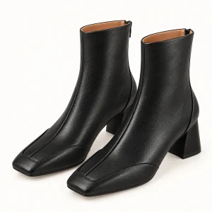 Bottines femme noires fourrées à bout carré élégantes en cuir chaud