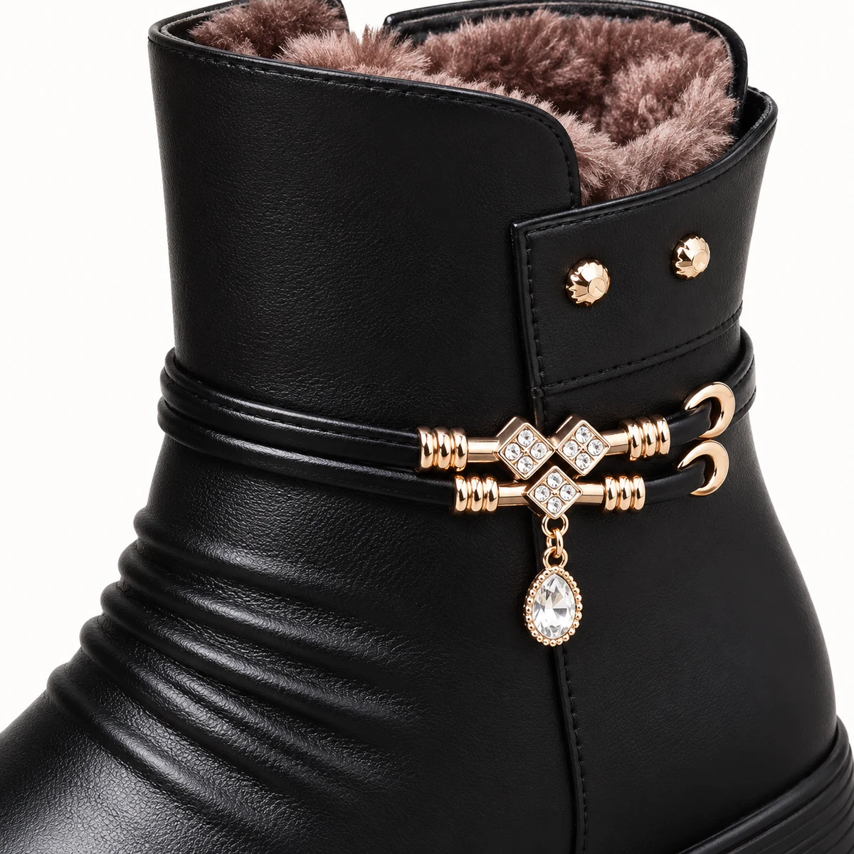 Bottines femme à bride bijou et zip, chaussures chaudes et élégantes en noir
