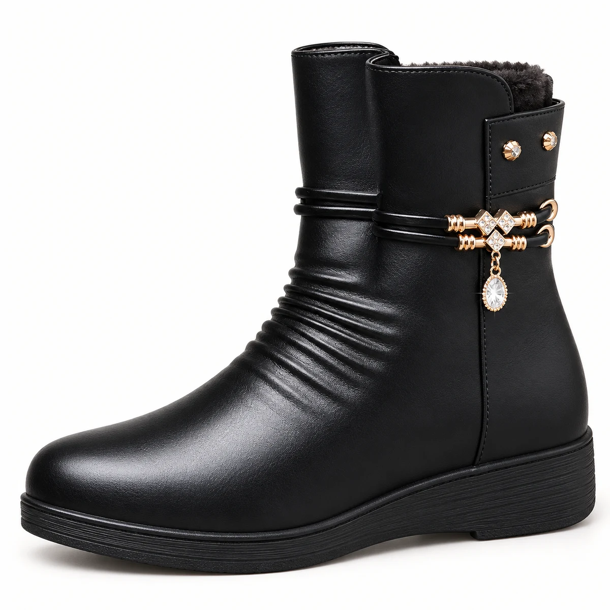 Chaussures femme noires fourrées avec détail bijou et fermeture éclair sport chic