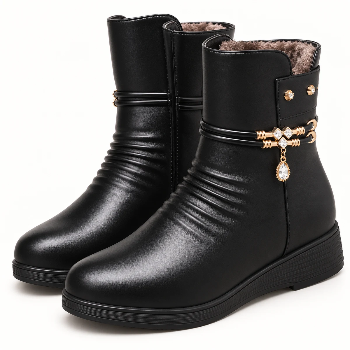 Bottines femme noires fourrées avec bride bijou et fermeture éclair élégante